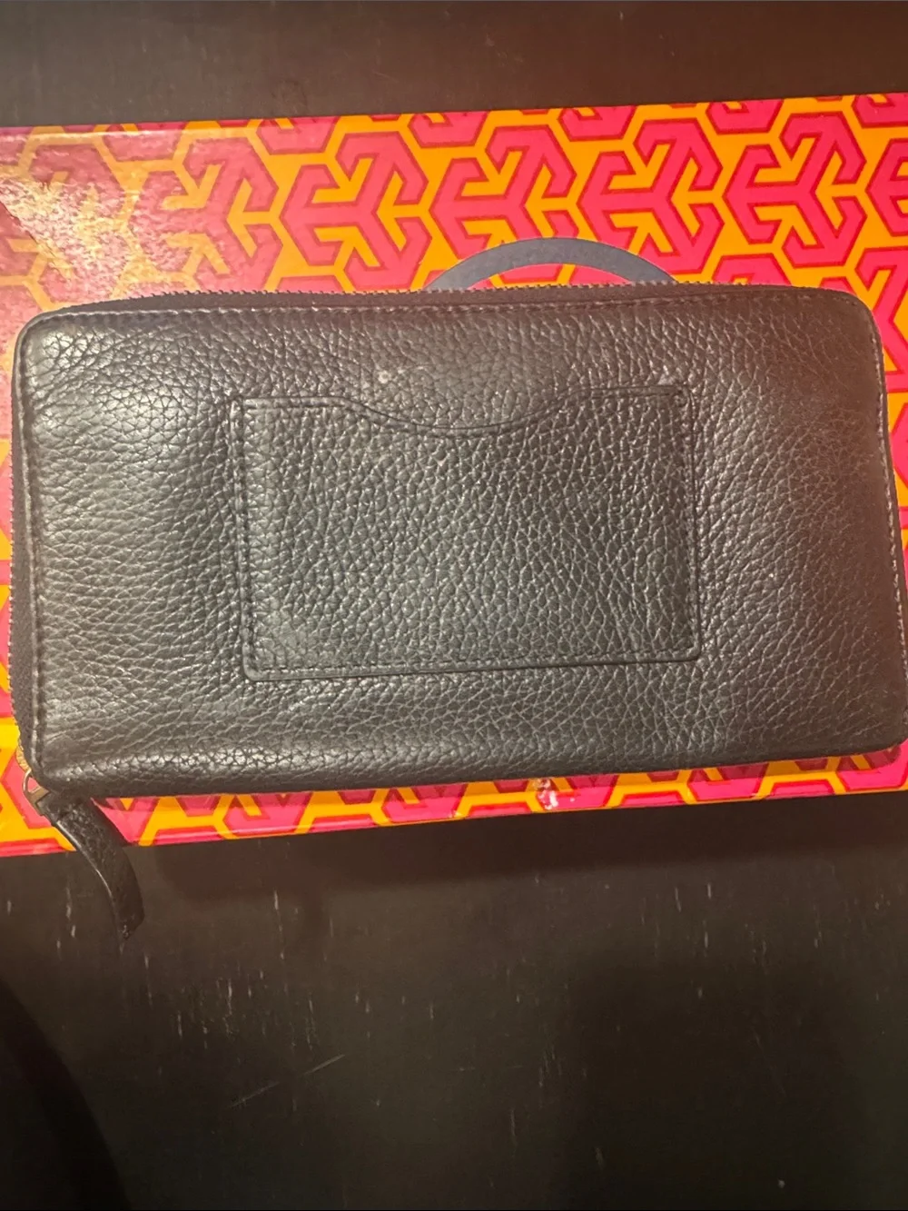 Tory Burch Black Pebbled Leather Zip Wallet with Gold Logo